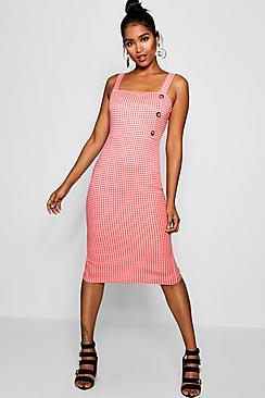 Boohoo Gingham Mock Horn Button Detail Midi Dress