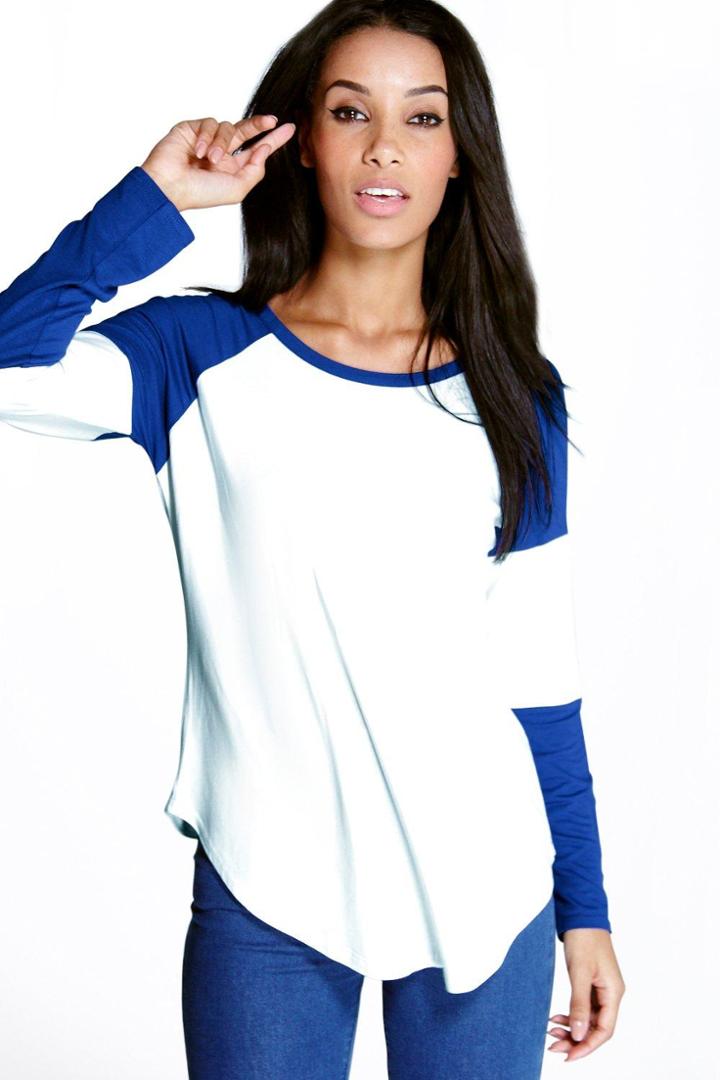Boohoo Amber Curved Hem Raglan Sleeve Baseball T-shirt Royal