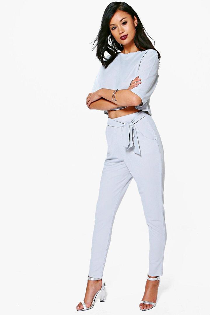 Boohoo Katy Tie Waist Trouser & Shell Top Co-ord Silver