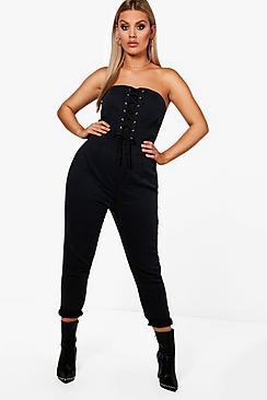 Boohoo Plus Georgia Eyelet Lace Up Denim Jumpsuit