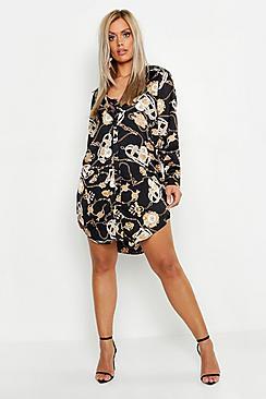 Boohoo Plus Satin Chain Printed Shirt Dress