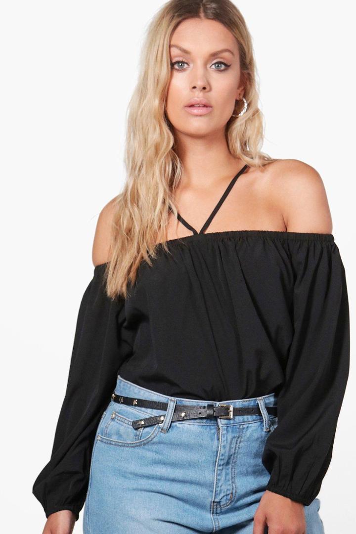 Boohoo Plus Josie Woven Strappy Off The Shoulder Top Black
