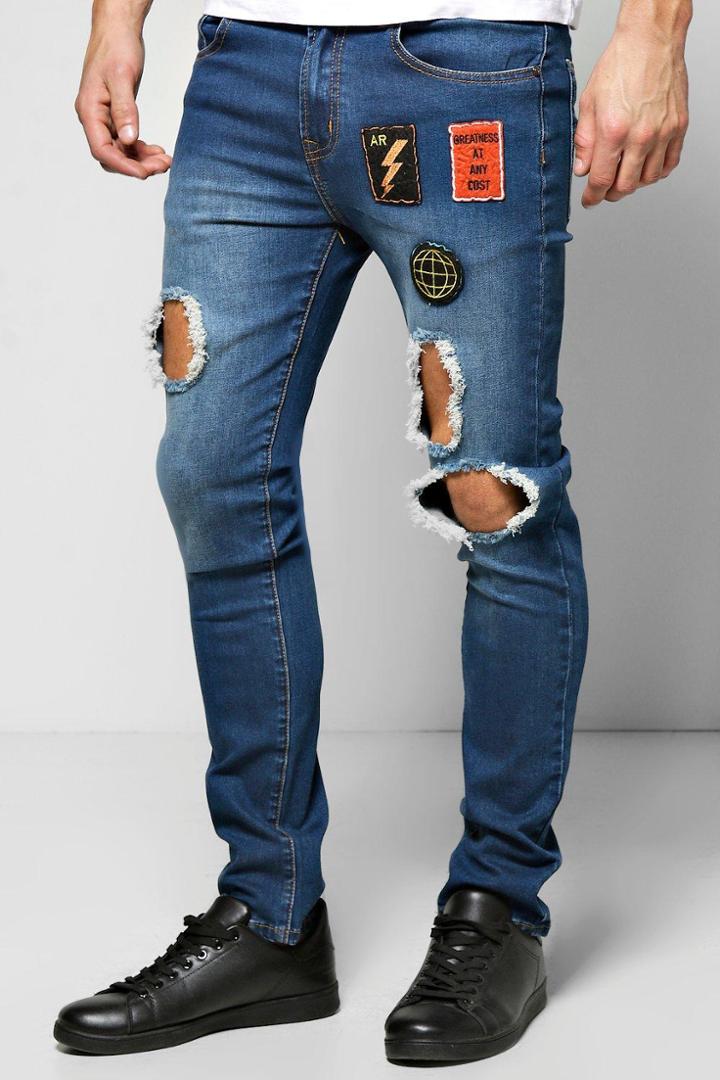 Boohoo Skinny Badged Washed Ripped Jeans Indigo