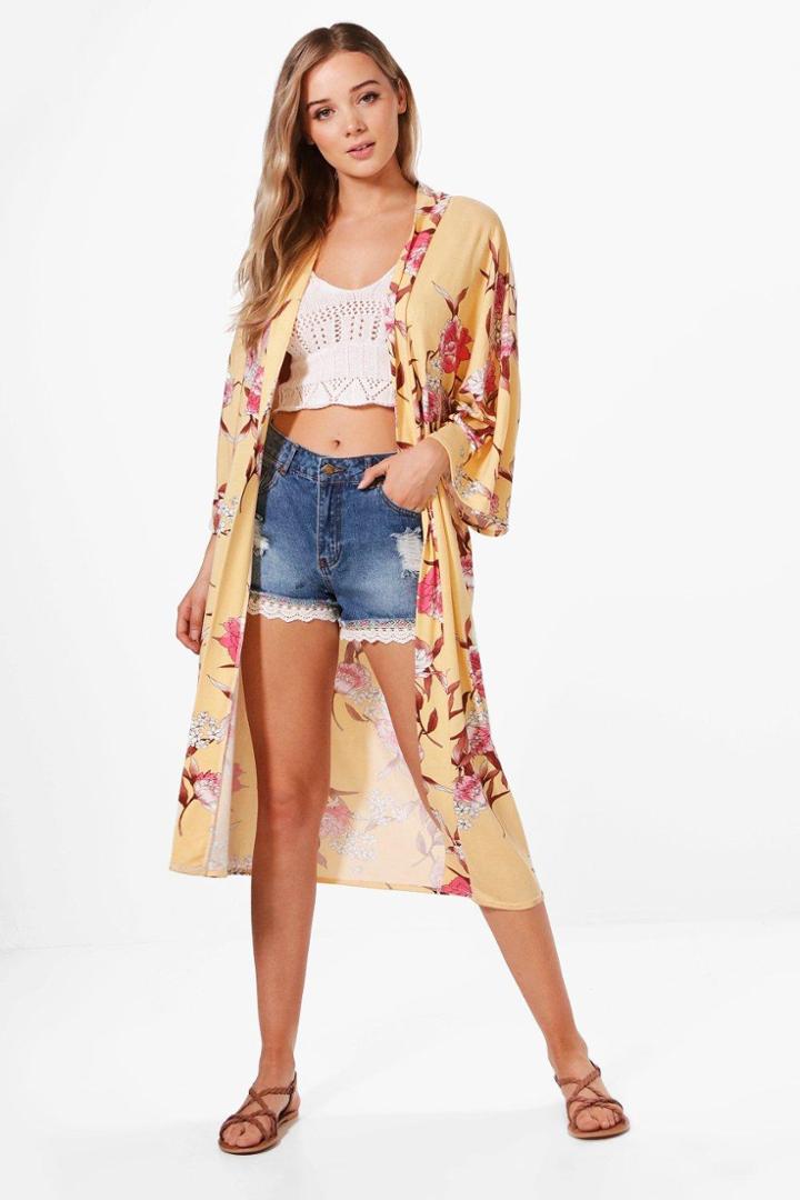 Boohoo Penny Floral Print Oversized Kimono Yellow