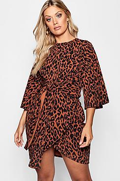 Boohoo Plus Leopard Kimono Tie Waist Wrap Dress