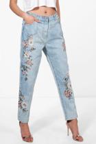 Boohoo Sophie High Rise Embroidered Mom Jeans Blue