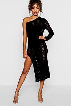Boohoo One Shoulder Crochet Knit Dress