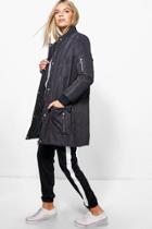 Boohoo Isabel Rib Collar Longline Bomber Black