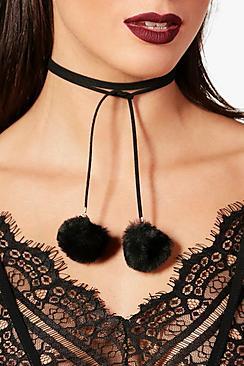 Boohoo Ivy Pom Pom Tie Choker