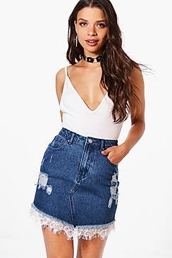 Boohoo Lace Trim Distressed Denim Skirt