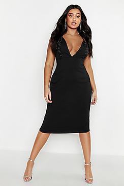 Boohoo Plus Embroidered Plunge Midi Dress