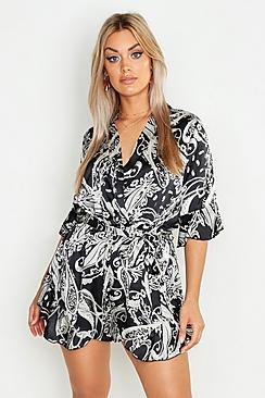 Boohoo Plus Paisley Satin Ruffle Playsuit