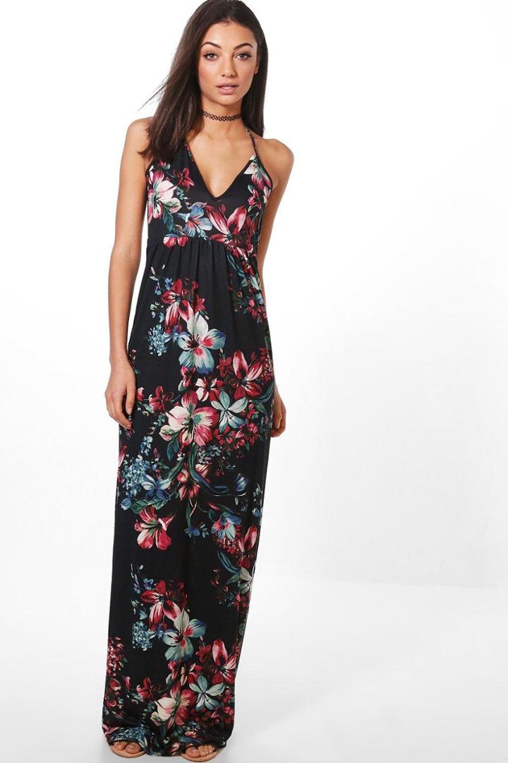 Boohoo Tall Bea Dark Floral Maxi Dress Black