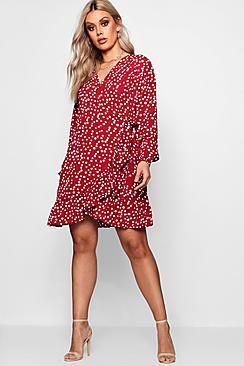 Boohoo Plus Leanne Ruffle Spot Wrap Dress