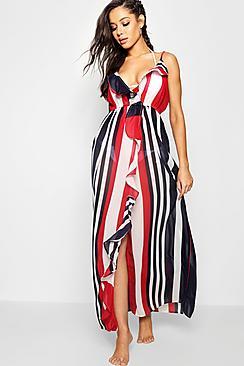 Boohoo Grace Sailor Stripe Frill Maxi Beach Dress