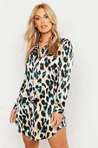 Boohoo Plus Leopard Satin Shirt Dress