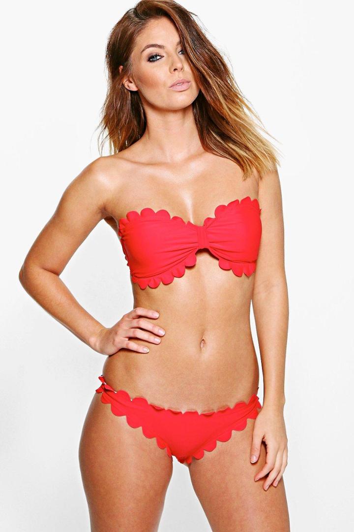 Boohoo Paris Scalop Edge Bandeau Bikini Red