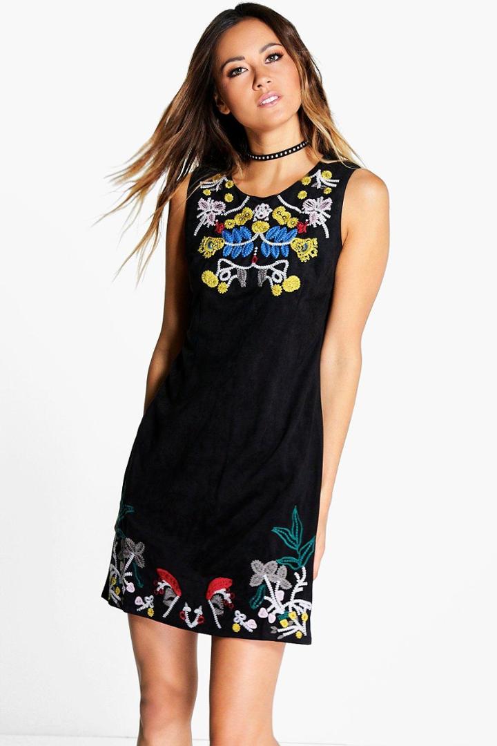 Boohoo Savannah Embroidered Shift Dress Black