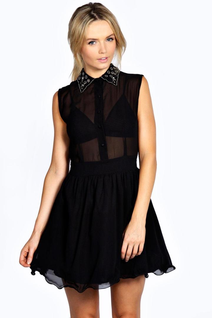 Boohoo Lorna Beaded Collar Shirt Dress - Black