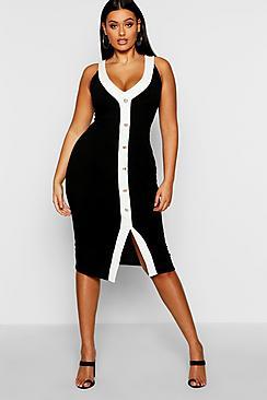 Boohoo Plus Soft Rib Contrast Gold Button Midi Dress