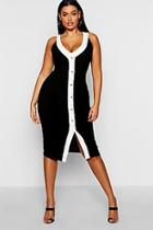Boohoo Plus Soft Rib Contrast Gold Button Midi Dress