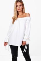 Boohoo Plus Lauren Off The Shoulder Crepe Tie Sleeve Top Ivory