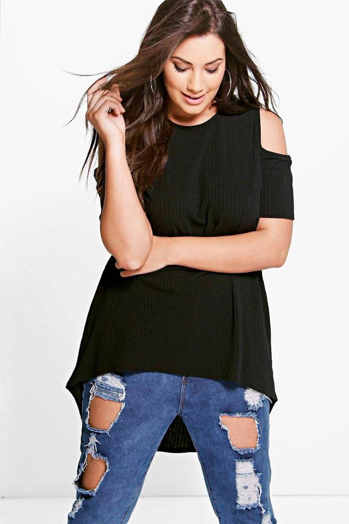 Boohoo Plus Ivory Ribbed Open Shoulder Top Black