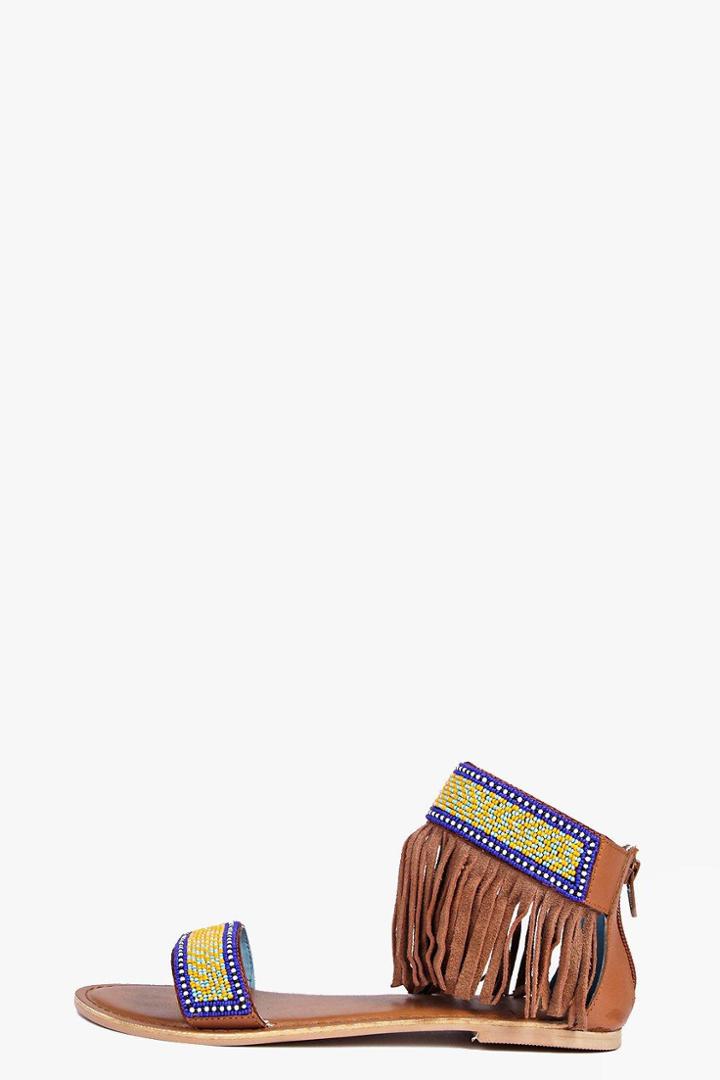 Boohoo Boutique Ruby Fringe 2 Part Suede Sandal Tan