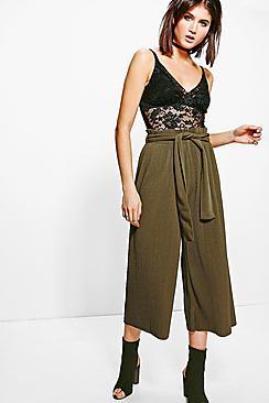Boohoo Gianna Pleated Crepe Wide Leg Cropped Trousers