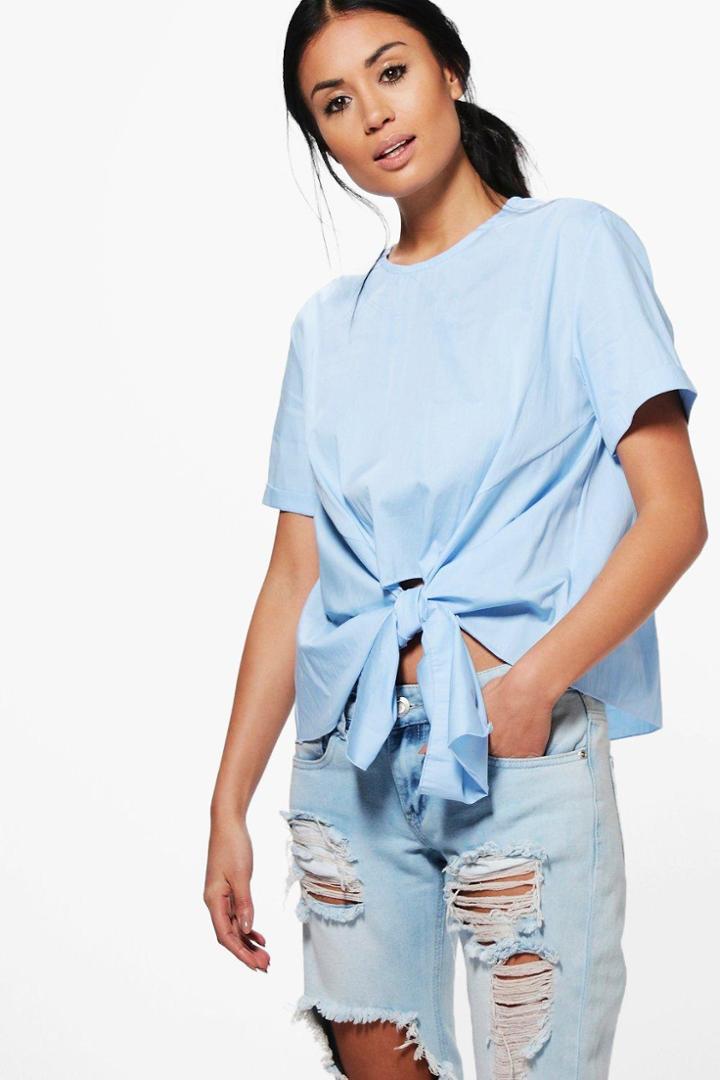 Boohoo Kayla Knot Tie Front Short Sleeve Woven Shirt Blue