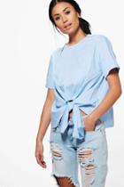Boohoo Kayla Knot Tie Front Short Sleeve Woven Shirt Blue