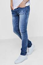 Boohoo Mid Blue Slim Fit Distressed Denim Jeans