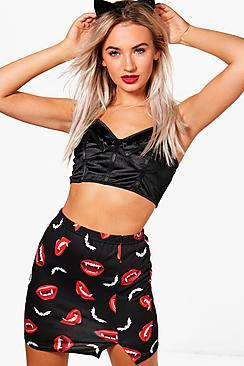 Boohoo Isabel Halloween Lip Print Thigh Split Mini Skirt
