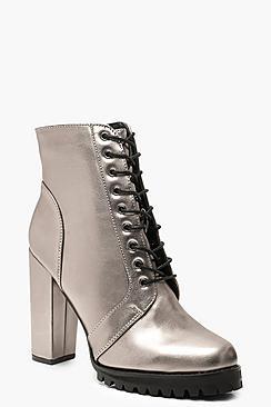 Boohoo Metallic Block Heel Hiker Boots