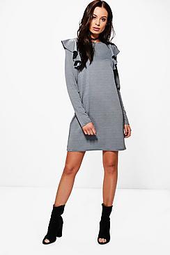 Boohoo Stassy Dog Tooth Ruffle Shift Dress