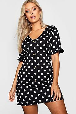 Boohoo Plus Polka Dot Frill Sleeve Horn Button Down Dress