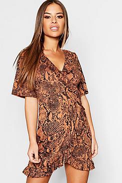 Boohoo Petite Tan Snake Print Tea Dress