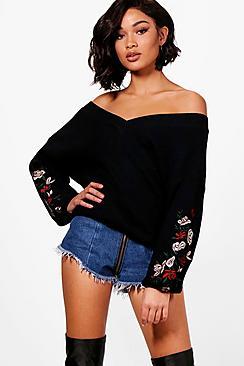 Boohoo Natasha V Neck Embroidered Jumper