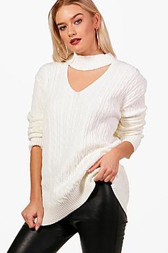Boohoo Jessica Cable Knit Choker Jumper