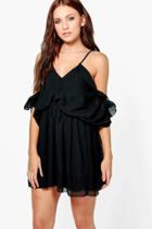 Boohoo Mora Chiffon Open Shoulder Skater Dress Black