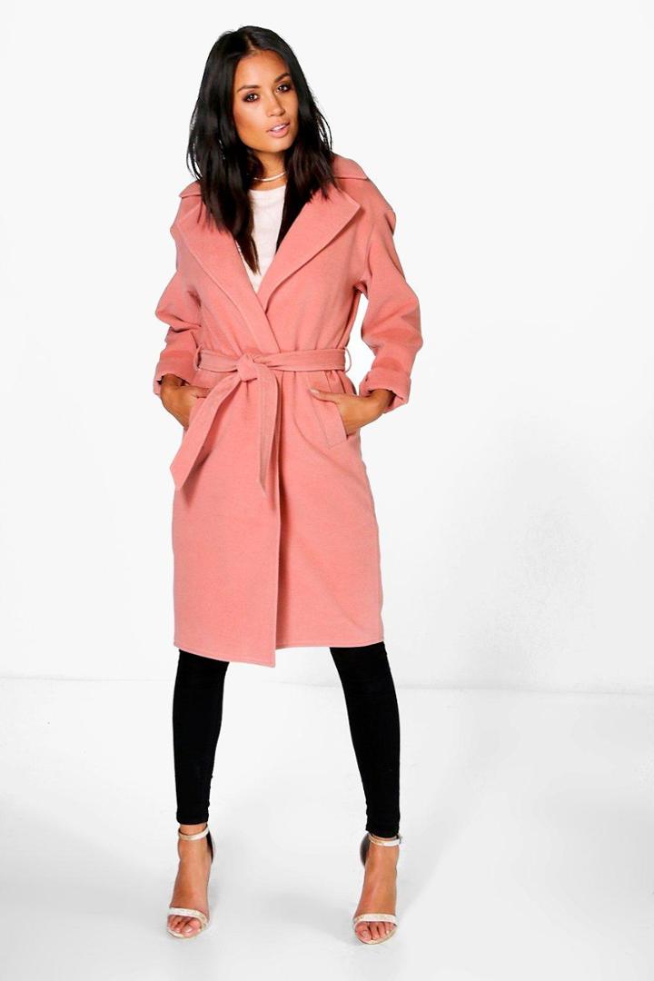 Boohoo Emma Belted Wool Look Robe Duster Rose