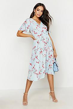Boohoo Wrap Front Bow Tie Print Midi Dress