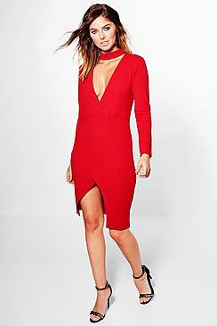 Boohoo Lynn Choker Detail Wrap Skirt Bodycon Dress