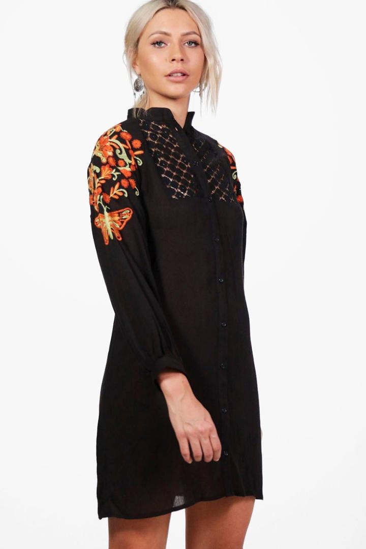 Boohoo Oana Lace Insert Embroidered Shirt Dress Black