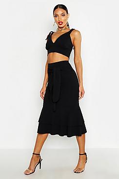 Boohoo Tie Waist Ruffle Hem Midi Skirt