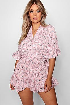 Boohoo Plus Kristie Woven Floral Wrap Ruffle Playsuit