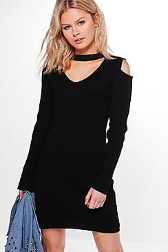 Boohoo Natalia Choker Rib Knit Bodycon Jumper Dress