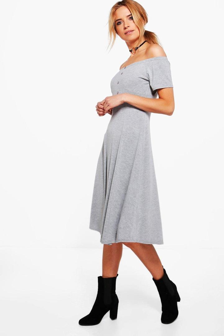 Boohoo Honey Off Shoulder Button Skater Dress Grey