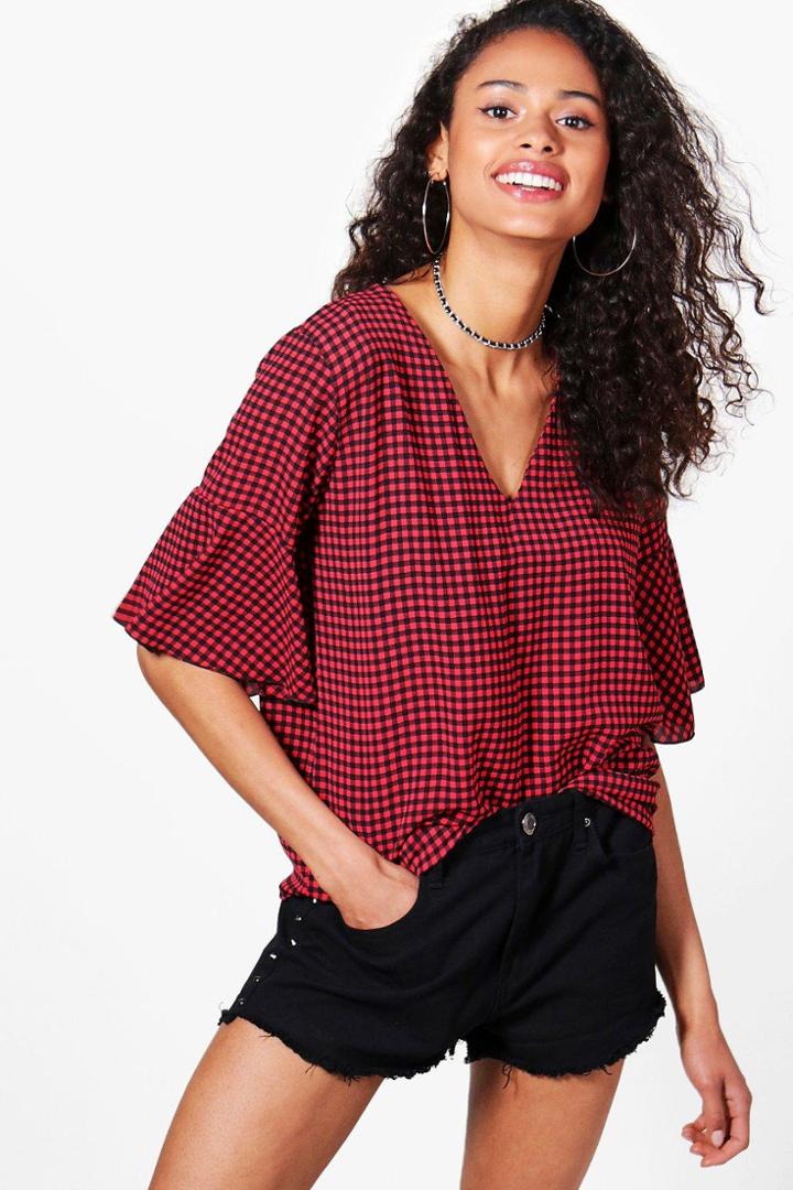 Boohoo Alice Gingham Wide Sleeve Top Red