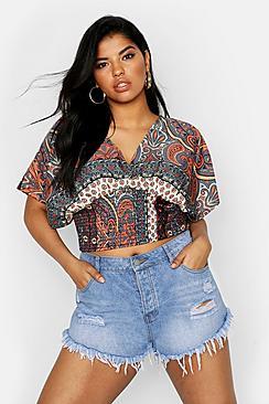 Boohoo Plus Paisley Print Shirred Waist Crop Top